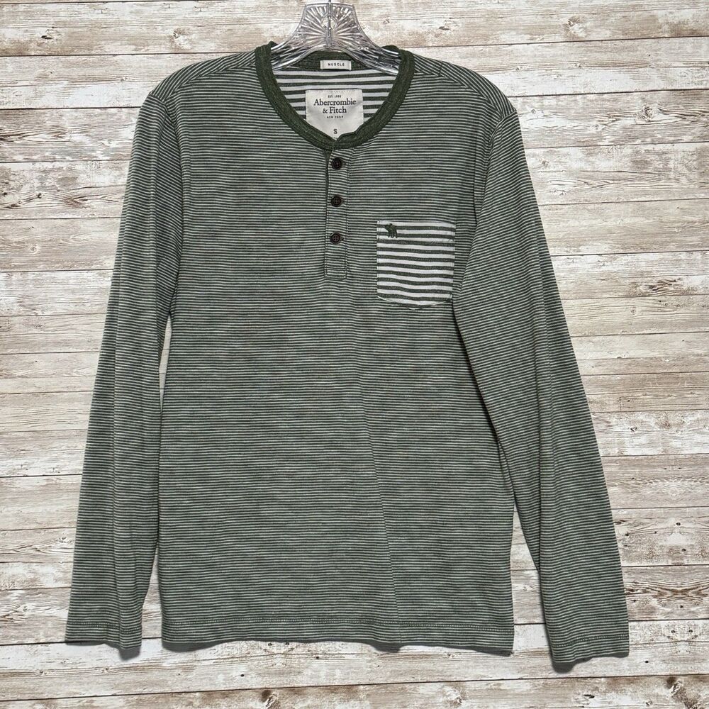 Vintage Abercrombie Fitch Mens S Henley Shirt L/S Green White Striped Muscle Y2K